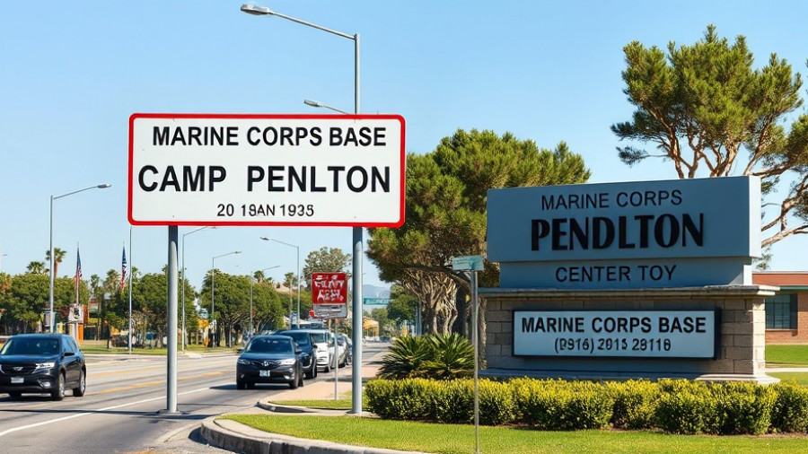Military Showcase I-5 Freeway: Camp Pendleton sign by roadside.
