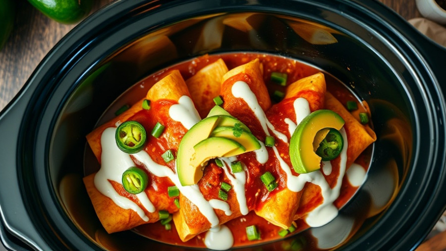 Savory crockpot enchiladas with avocado and jalapeños.