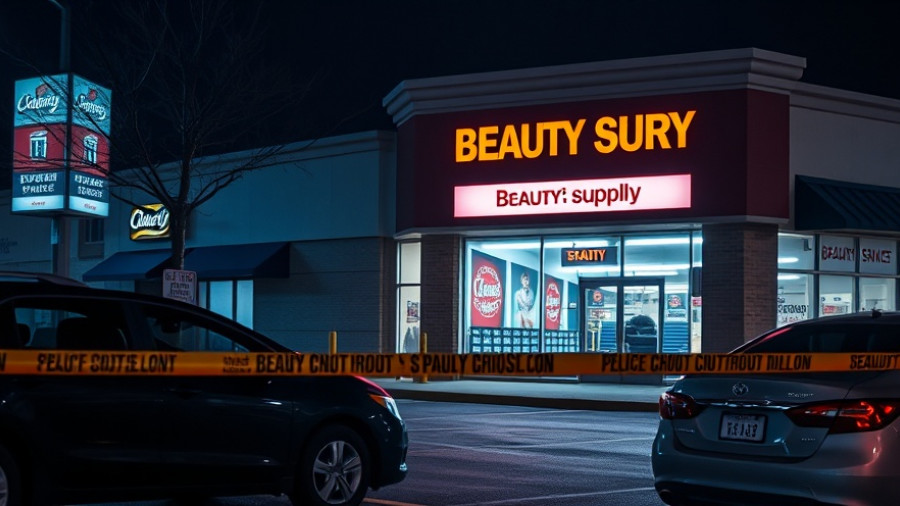 Nighttime scene of beauty store with police tape in California