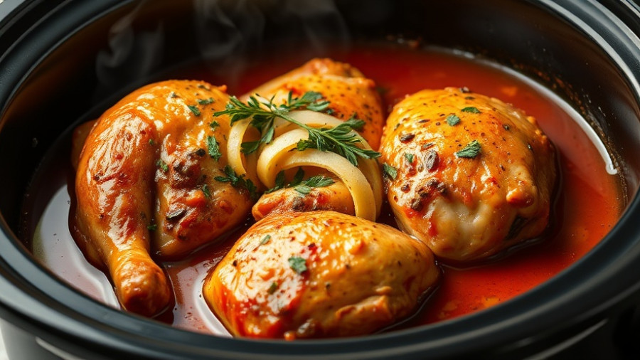Delicious slow cooker coq au vin simmering with herbs and vegetables.