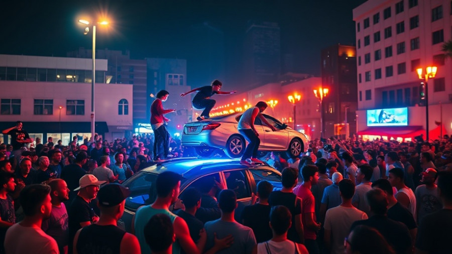 Massive skateboarding event Los Angeles night scene with crowd and stunts.