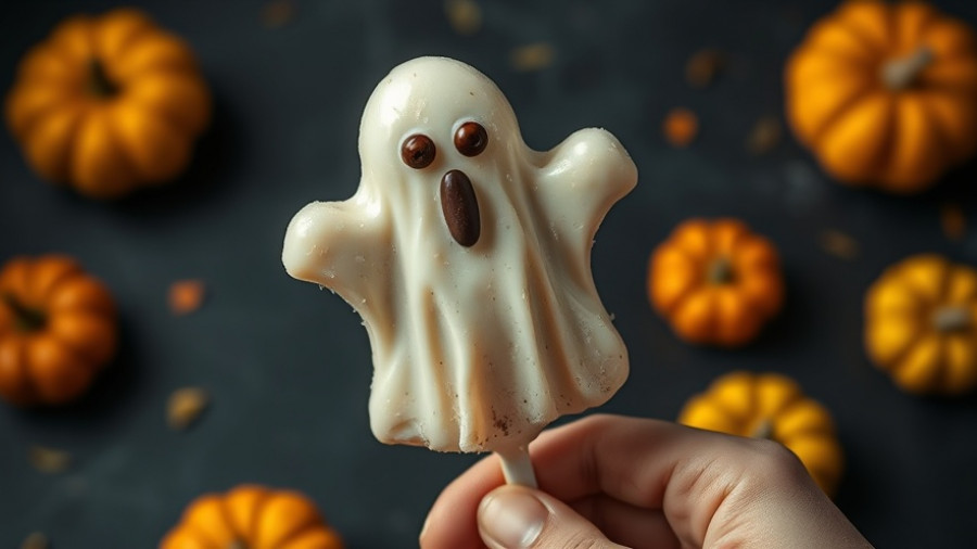 Spooky frozen chocolate banana ghost pop with pumpkins in the background.