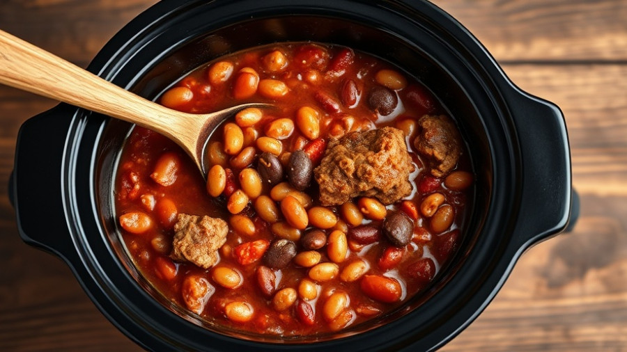 Hearty slow cooker chili recipe in a black pot with wooden spoon.