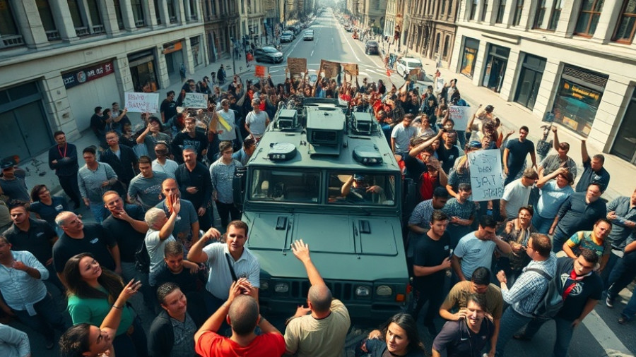 Aerial view of Oxnard Immigration Protests with protesters and vehicle.