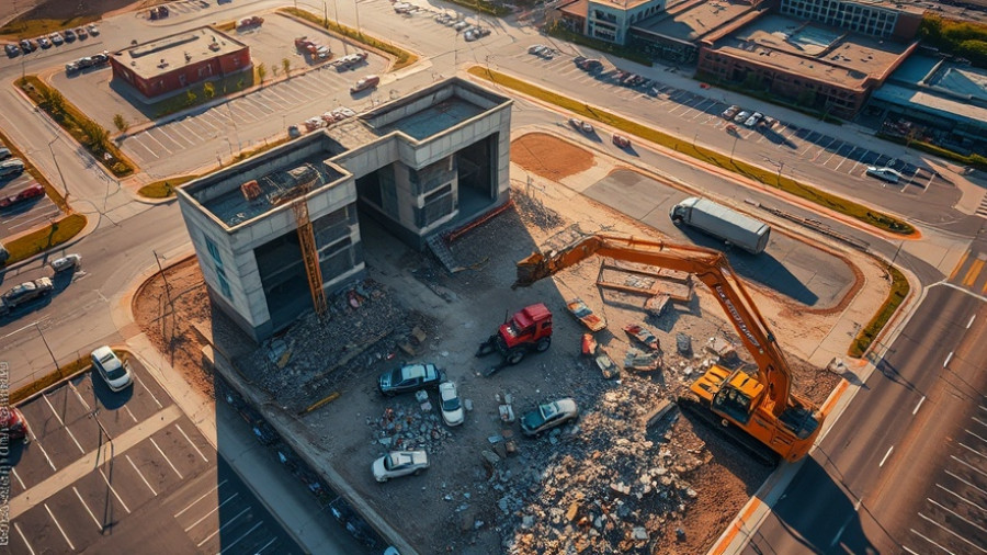 Aerial view of Los Angeles mall demolition site with machinery.