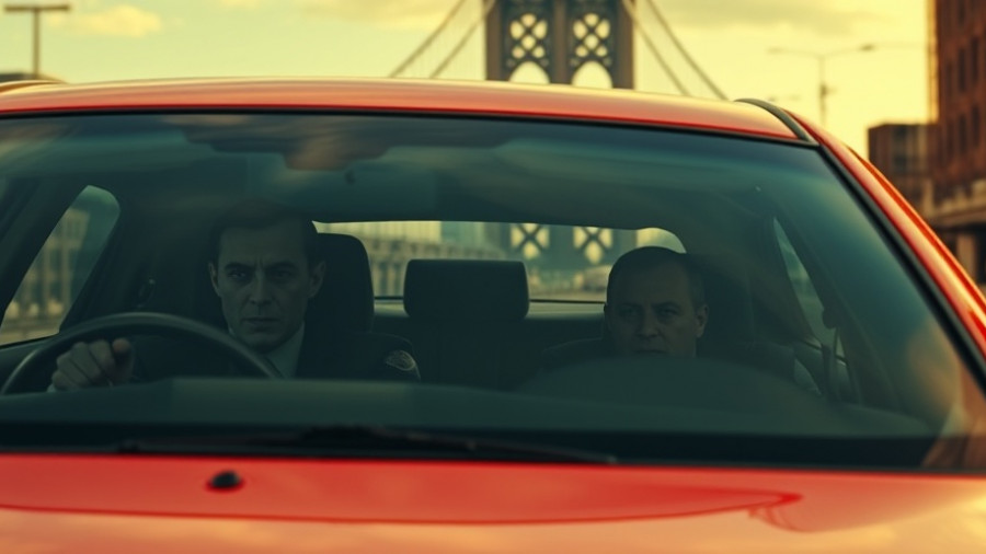 Federal agents wearing horror masks in cars under warm lighting.