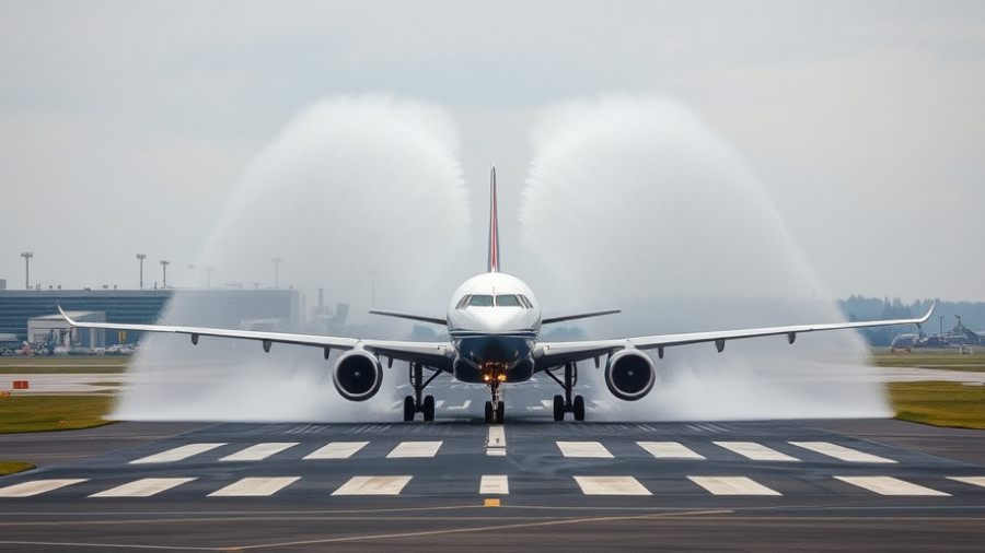 Airplane receives water salute at airport, cloudy day.