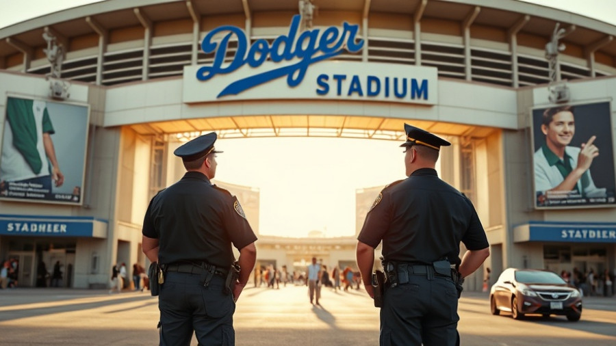 Federal agents at Dodger Stadium oversee event under entrance sign.