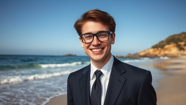 Vintage photo of smiling man with glasses overlaid on California beach.