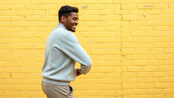 Person in oversized pants showing weight loss against yellow wall.