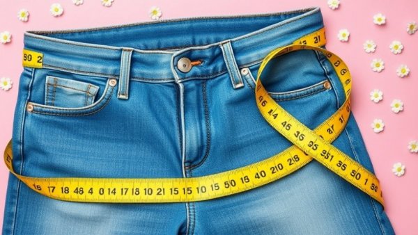 Creative weight loss concept with jeans and flowers symbolizing best dinner for weight loss.