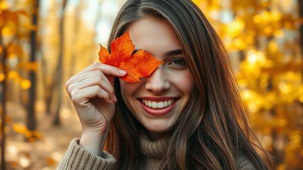 Smiling woman with autumn leaf for fall skincare tips