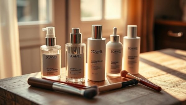 Skincare bottles and makeup brushes for hydrate and moisturize skin in fall.