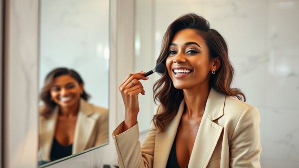 Woman applying makeup in a bright bathroom for fall skincare tips.