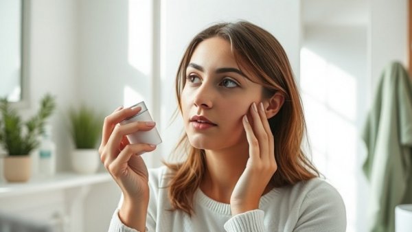 Young woman examines her skin in a bathroom setting, illustrating fall skincare tips for oily skin.