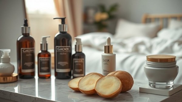 Beauty products and potatoes highlighting skin benefits on vanity.
