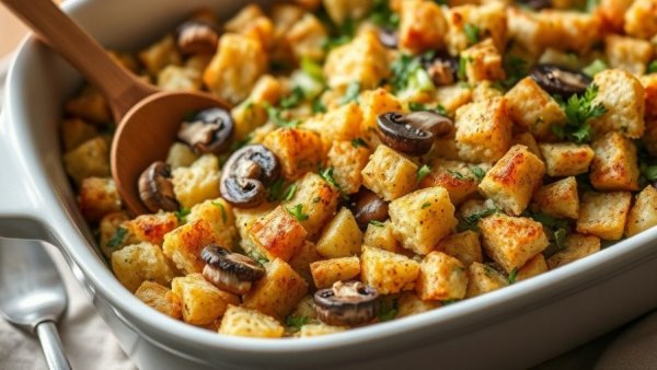 Golden brown sourdough stuffing in white dish with herbs and vegetables.