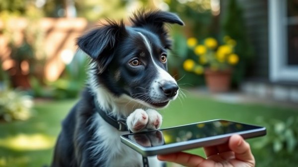 Dog curiously taking a tablet from a hand with greenery backdrop.