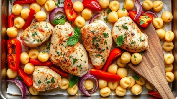 Sheet Pan Chicken Scarpariello with Gnocchi on a tray.