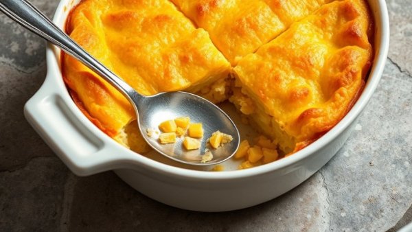 Lightened-Up Corn Casserole in a baking dish with a serving spoon.