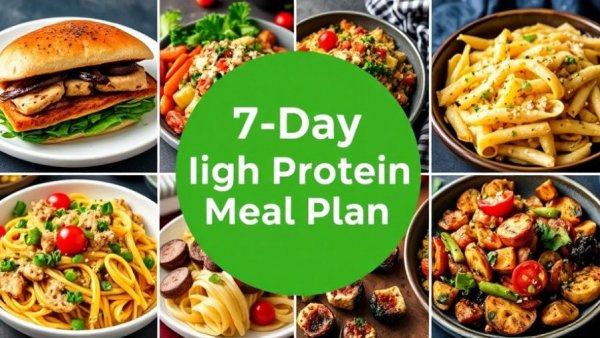 Colorful collage of 7 Day High Protein Diet Meal Plan dishes.