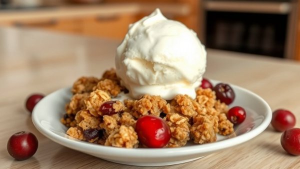 Healthy holiday pear cranberry crisp with ice cream in a baking dish.
