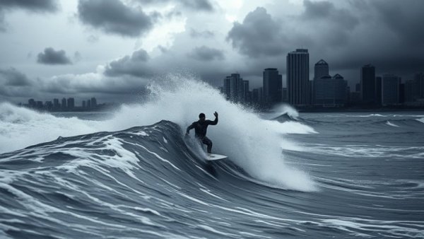 Surfer in Southern California heavy rainfall, navigating stormy waves.