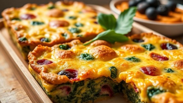 Varied make-ahead breakfast casseroles on a table, collage.