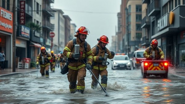 Orange County flood recovery efforts by firefighters on wet street.