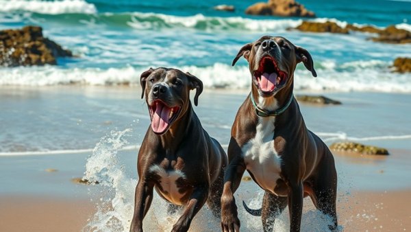 Great Danes playing energetically on the beach, showcasing their joyful expressions.
