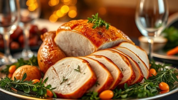 Golden roasted dry brine turkey with herbs on an elegant table.