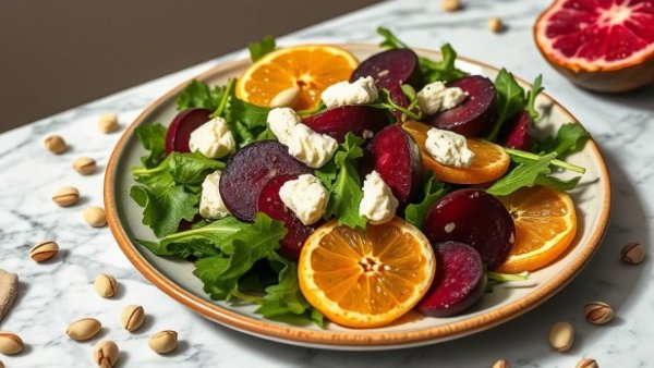 Vibrant roasted beet and citrus salad with goat cheese on a plate.