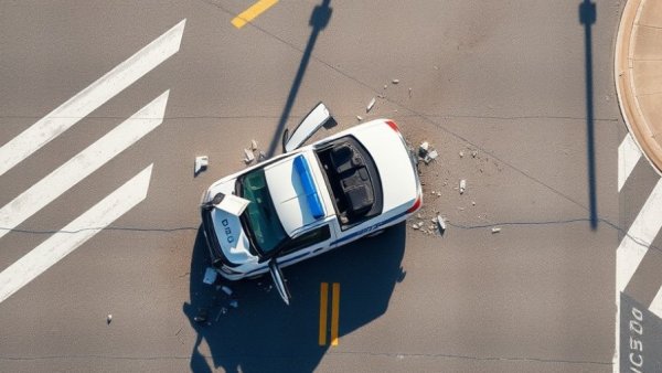 Damaged police vehicle after collision on road, aerial view.