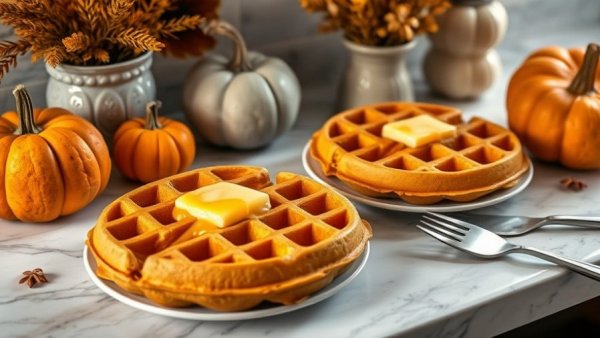 Healthy pumpkin waffles with butter on a marble countertop, fall decor.