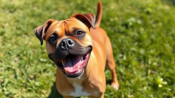 Friendly brown boxer dog on grass, soft daylight.