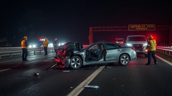 DUI crash in San Bernardino County with damaged car and responders.
