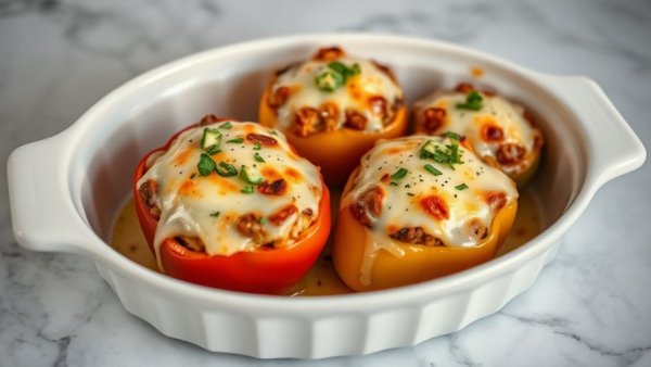 Breakfast stuffed peppers with melted cheese in a white dish.