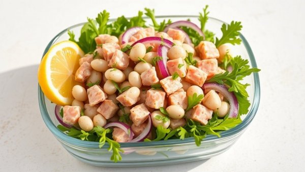 Fresh Tuna White Bean Salad with arugula and lemon wedge.
