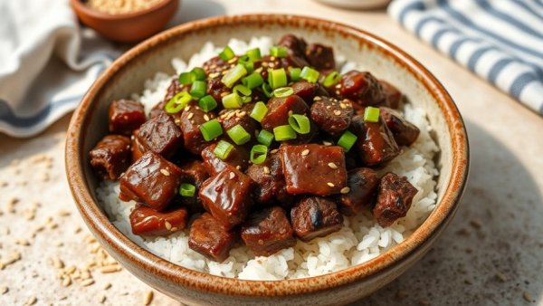 Appetizing Slow Cooker Korean Beef served over rice in a ceramic bowl.