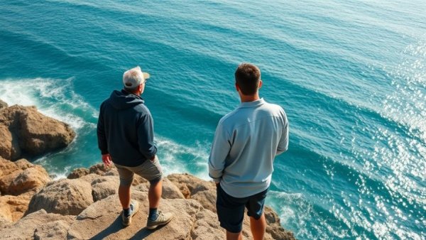 Discussing California coastline safety on a rocky cliff.