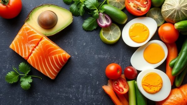 Vibrant healthy foods for acne-prone skin on display.