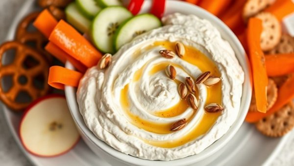 Whipped feta with hot honey and snacks elegantly plated.