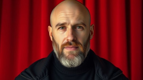 Man in black jacket and turtleneck against red curtain background.