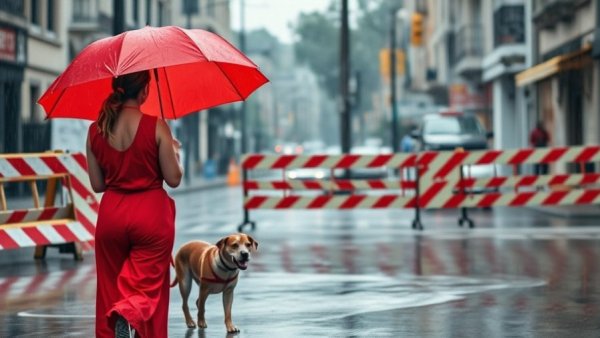 Woman with red umbrella walks dog in Christmas storm, Southern California flooding.