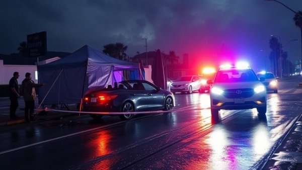 Los Angeles Christmas crash: nighttime scene with car in tent.