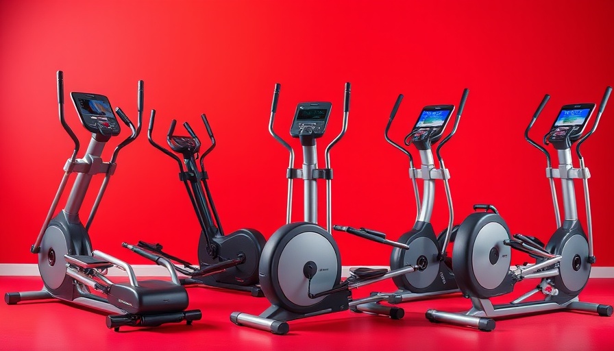 Modern elliptical machines for low-impact cardio workout on a red background.