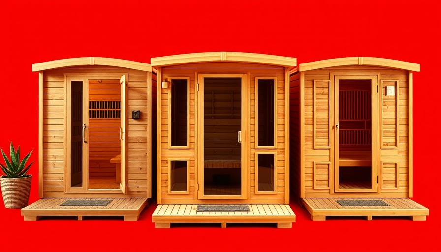 Modern outdoor saunas showcased against red background.