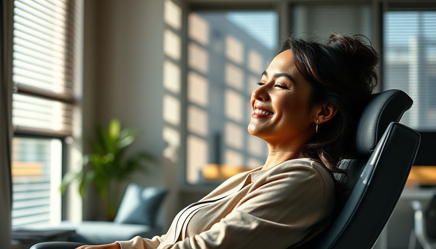 Professional woman relaxing in office chair with sunlight, impact of sitting on spine health.