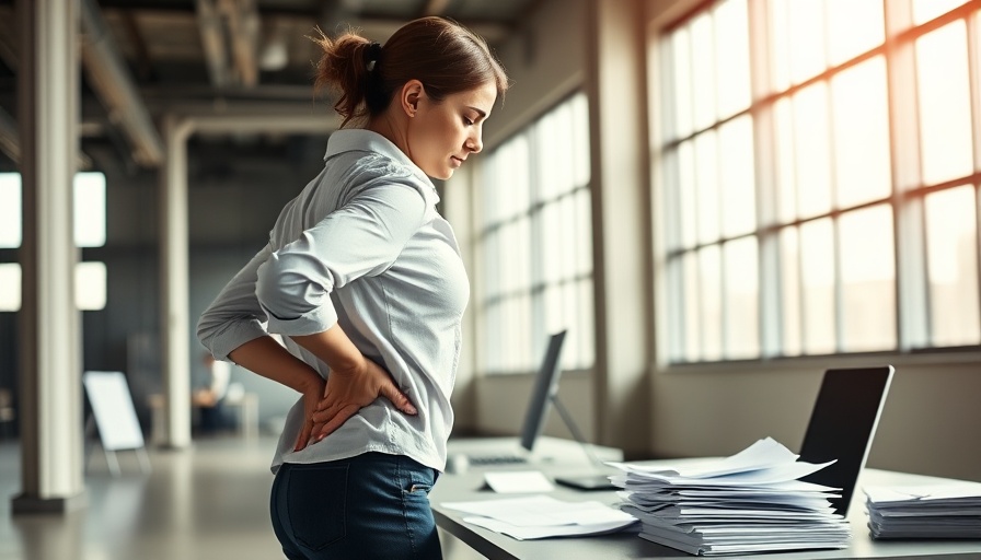 Professional woman experiencing mild back discomfort in an office.