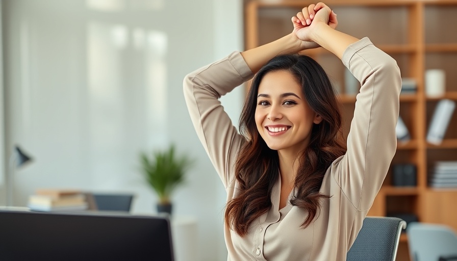 Smiling woman doing desk stretches for a healthier back in office.